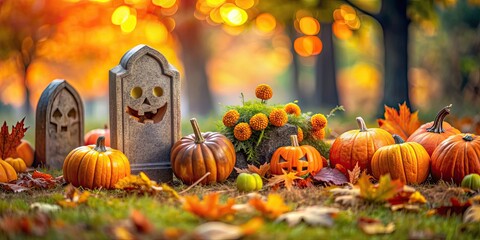 Sticker - Scary Halloween decorations with miniature pumpkins and tombstone in autumn setting, Halloween, concept, scary, holiday