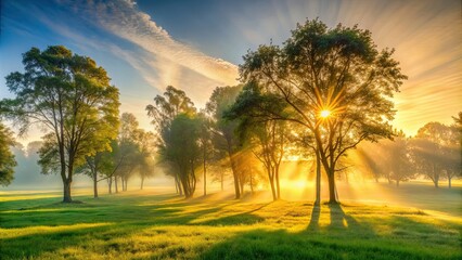 Poster - Serene early morning scene with misty sunlight filtering through trees, dawn, peaceful, misty, sunlight, morning, tranquil, nature