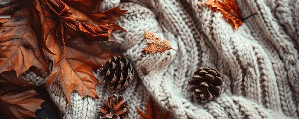 warm knitted sweater with autumn leaves and pine cones, evoking cozy and seasonal fall vibes in a na