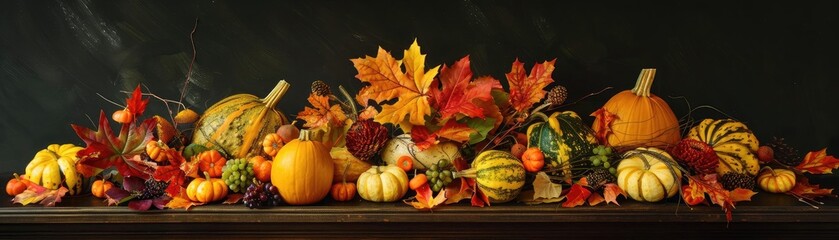 Autumn harvest display with pumpkins, gourds, and colorful fall leaves on a dark background, perfect for seasonal and Thanksgiving decorations.