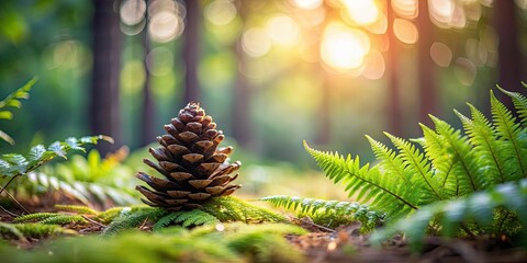 Canvas Print - Solitary pine cone in sharp focus on forest floor surrounded by soft ferns, with dreamy bokeh light effect, pine cone, forest