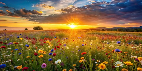 Wall Mural - Vibrant wildflower field glowing in the golden light of the sunset, wildflowers, field, sunset, colorful, meadow, nature