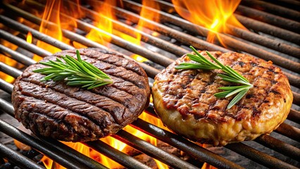 Poster - Side-by-Side display of sizzling beef patty and plant-based patty on a grill, grilling, barbeque, beef, plant-based