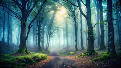 Poster - Mysterious forest with fog and eerie atmosphere, mysterious, forest, fog, eerie, dark, atmospheric, spooky, woods