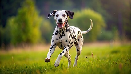 Sticker - Playful Dalmatian dog with black spots running in a grassy field, Dalmatian, dog, pet, playful, running, spotted, black and white