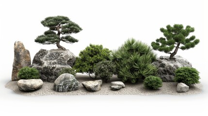 Serene Japanese rock garden with bonsai and stones, offering a tranquil and minimalist landscape perfect for meditation and relaxation.