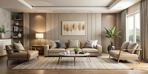 Wall Mural - Neutral beige contemporary living room with modern decor and sleek furniture, neutral, beige, contemporary, house