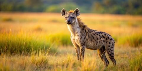 Sticker - Sleek and slender hyena standing confidently on savannah, Africa, wild, animal, predator, carnivore, spotted, fur