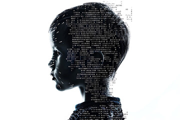 Child made from binary code on a white background in a wireframe plexus style, illustrating the intersection of technology and human life in digital art form