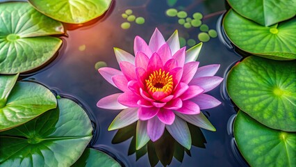 Canvas Print - Overhead shot of pink water lily flower with green leaves in a pond , water lily, flower, pink, green, leaves, pond, nature