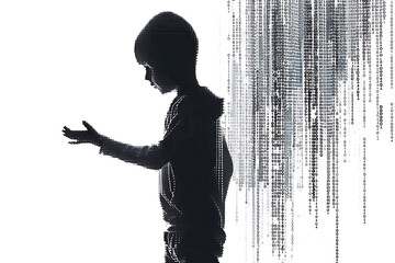 Child made from binary code on a white background in a wireframe plexus style, illustrating the intersection of technology and human life in digital art form