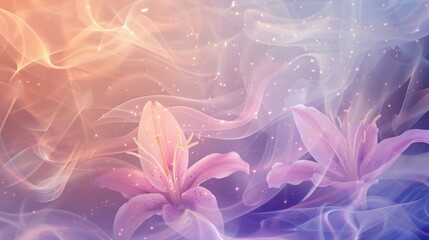 Wall Mural - Pastel wallpaper with swirling patterns and glowing lilies