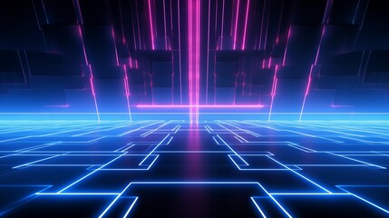 Wall Mural - Futuristic Neon Grid with Pink and Blue Glowing Pathways