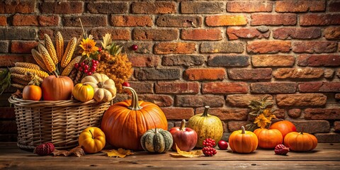 Poster - Vintage fall Thanksgiving decor against a rustic brick wall , Thanksgiving, fall, autumn, decorations, vintage, brick wall