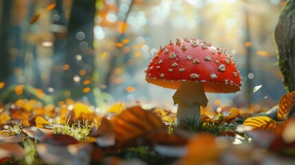 Canvas Print - A red mushroom sitting on top of a lush green forest