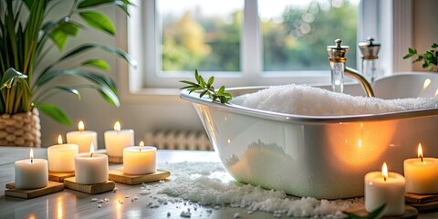 Sticker - View from a luxurious bathtub with bath salts, bubbles, and a relaxation candle, bathtub, view, relaxation, bubbles