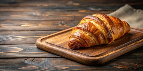 Poster - Freshly baked croissant on a rustic wooden plate , breakfast, pastry, bakery, French, food, delicious, golden brown, flaky