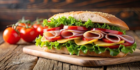 Wall Mural - Fresh ingredients for a delicious sandwich including ham, cheese, and tomatoes, sandwich, ingredients, ham, cheese, tomatoes, fresh, food