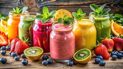 Poster - Vibrant summer smoothies with colorful fruits and ingredients, healthy, fruity, refreshing, drinks, beverage, blended