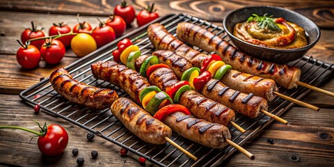 Poster - Rustic grill with fried sausage and kebabs , barbecue, cooking, outdoor, grilling, food, summer, meat, tasty, delicious