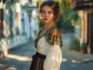 A woman wearing a dress stands on a city street