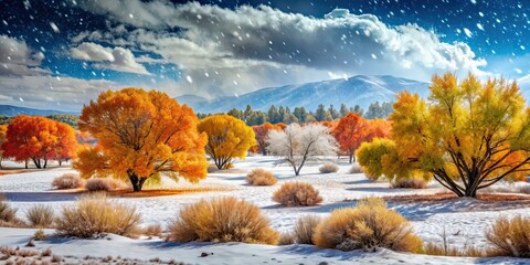 Poster - Snowfall in the desert with vibrant trees in the background, snowfall, desert, vibrant, trees, winter, contrast, unique, unusual