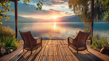 Wall Mural - wooden armchairs on wooden terrace with beautiful view of lake