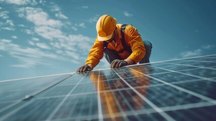 technician installing solar panel on the roof reastic style