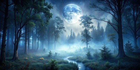 Wall Mural - Mysterious night in the forest with fog and moonlight, foggy, misty, moonlit, trees, nature, darkness, eerie, spooky