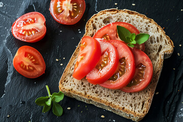 Wall Mural - Toasted bread with cherry tomatoes on a black background