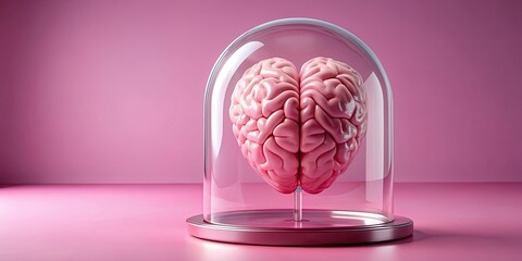 Poster - rendering of pink brain in glass heart display case with pink background, brain, pink,rendering, glass, heart