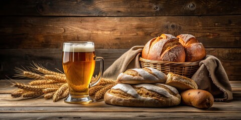 Sticker - Still life arrangement of bread and beer on a rustic wooden table, food, drink, bread, loaf, beer, refreshment, meal, snack