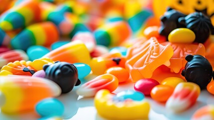 Vibrant Halloween Candy Assortment on White Surface with High Contrast Close-up