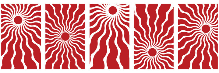 Sun groovy vertical prints set isolated on transparent background. Hand drawn abstract floral patterns with vintage grainy stippling texture . Modern retro Matisse style vector illustration
