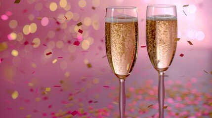 two glasses of champagne on a pink background, and sparkling pink confetti,gold blur pink