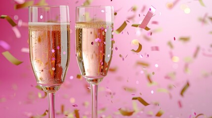 two glasses of champagne on a pink background, and sparkling pink confetti,gold blur pink