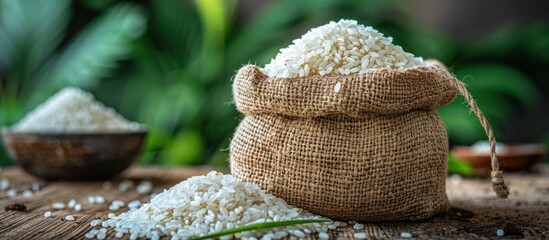 Poster - A Sack of Rice on a Wooden Table