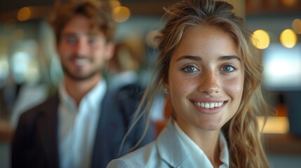 Two young receptionists at the reception of a modern hotel. On the right of the image there is a beautiful and attractive female receptionist who wears a suit with a white shirt