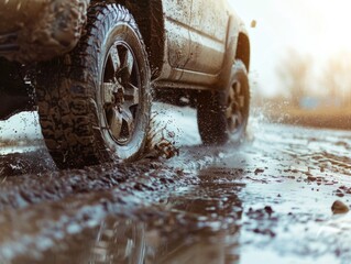 Canvas Print - Truck Driving Through Puddle Water