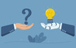 © wenich - Using artificial intelligence to generate ideas to help solve problems, AI support, creative brainstorming, Human hand holding a question mark and a robot hand holding a light bulb. Vector design.