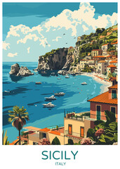 Sicily Italy Poster Illustration Travel Print Decor Gift Paper Canvas Wall Retro Art