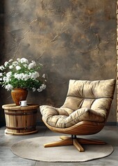 Wall Mural - The chair is placed in a room with a brown wall and a white rug