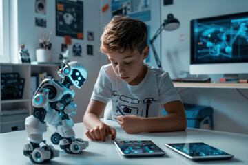 Boy is designing a robot using a digital tablet and a pencil, sitting at his desk at home