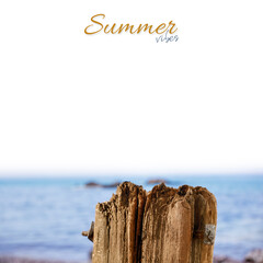 Sticker - Old wooden stump as a table background on a tropical beach with copy space product display montage inspiration. Blue sky and sea background.