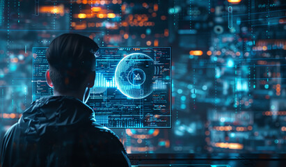 Person looking at computer screen with code and glowing orb. Generative AI