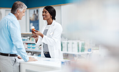 Sticker - Pills, helping and pharmacist with man by dispensary for prescription medication for treatment. Discussion, medicine and female healthcare worker with mature patient for tablets in drugstore chemist.