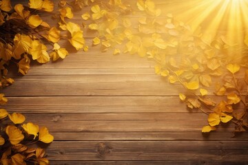 Wall Mural - Autumn leaves on rustic wooden background with sunlight