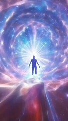 Wall Mural - silhuette of a man spirit on galaxy space background, colorful energy flow, 4k 9x16 vertical new quality colorful stock video footage wallpaper AI