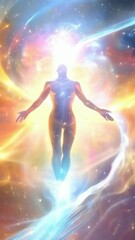 Wall Mural - silhuette of a man spirit on galaxy space background, colorful energy flow, 4k 9x16 vertical new quality colorful stock video footage wallpaper AI