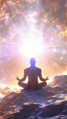 Wall Mural - meditating silhuette of a man spirit on galaxy space background, colorful energy flow, 4k 9x16 vertical new quality colorful stock video footage wallpaper AI